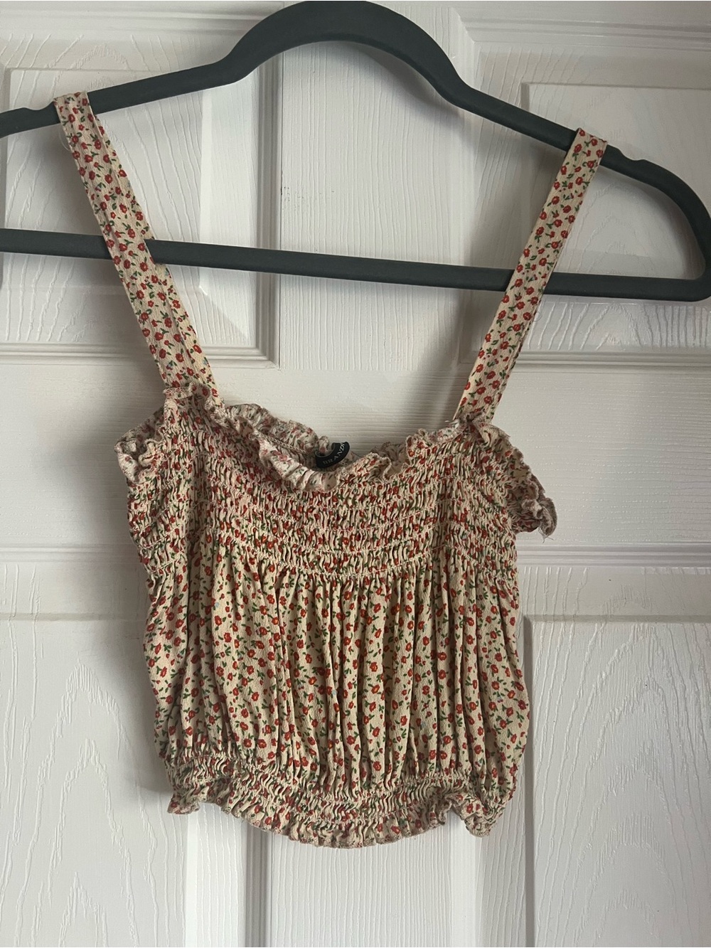 Brandy Melville Cream Crop Tank with Red Floral Print and Thin Straps